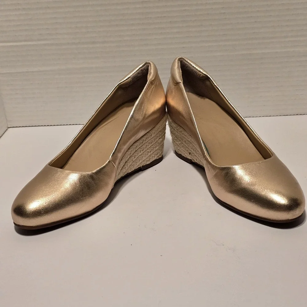 ABEO Espadrille Wedge Pumps Metallic Gold Leather Round Toe‎ Shoes Size 5